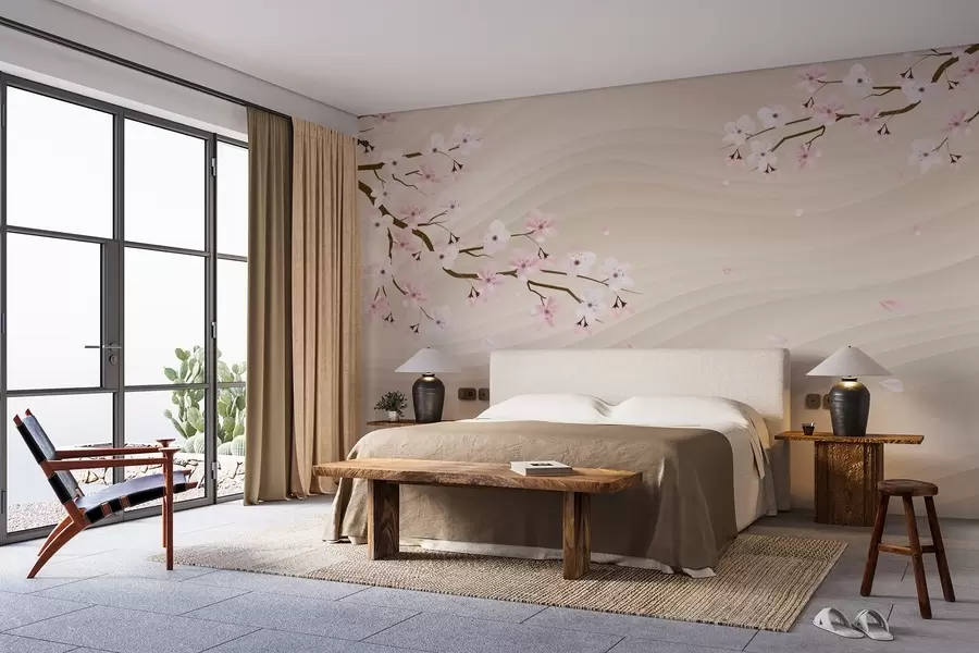 murais de parede Ramos de Sakura sobre um fundo ondulado de areia w08959