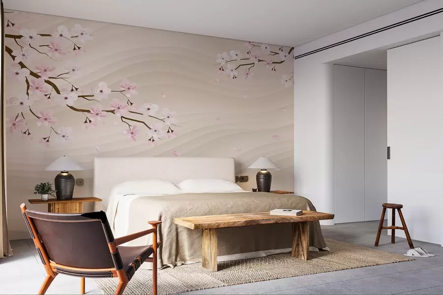 murais de parede Ramos de Sakura sobre um fundo ondulado de areia w08959