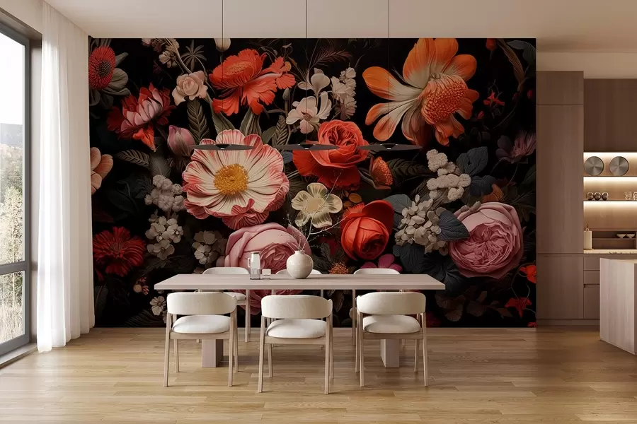 murais de parede Ramo colorido de várias flores sobre um fundo escuro em tons quentes w08969