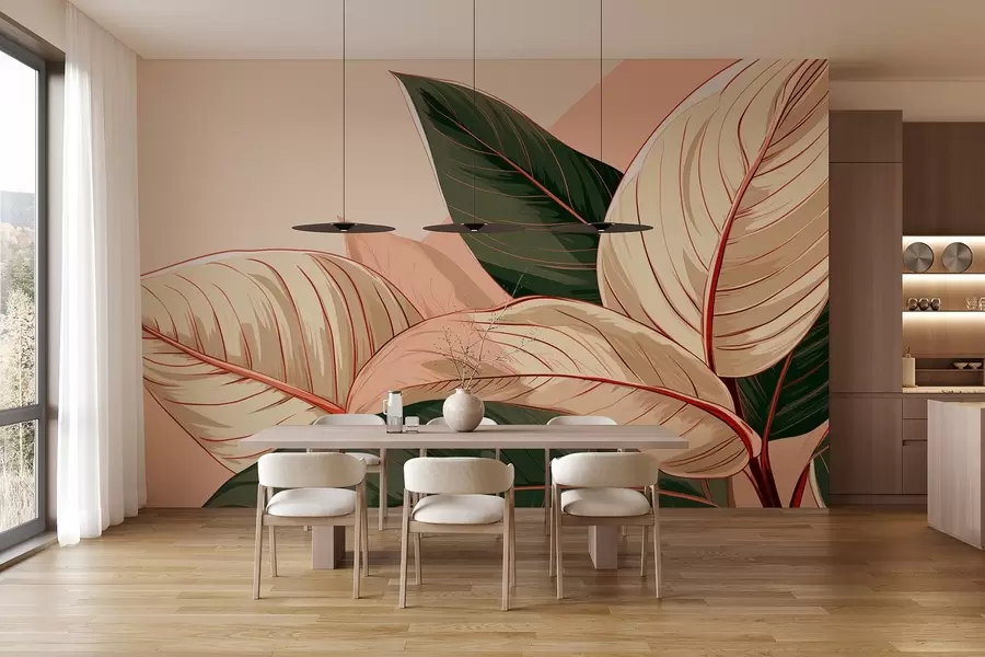 murais de parede Grandes folhas tropicais de cor verde-bege com um fragmento cor-de-rosa w08970