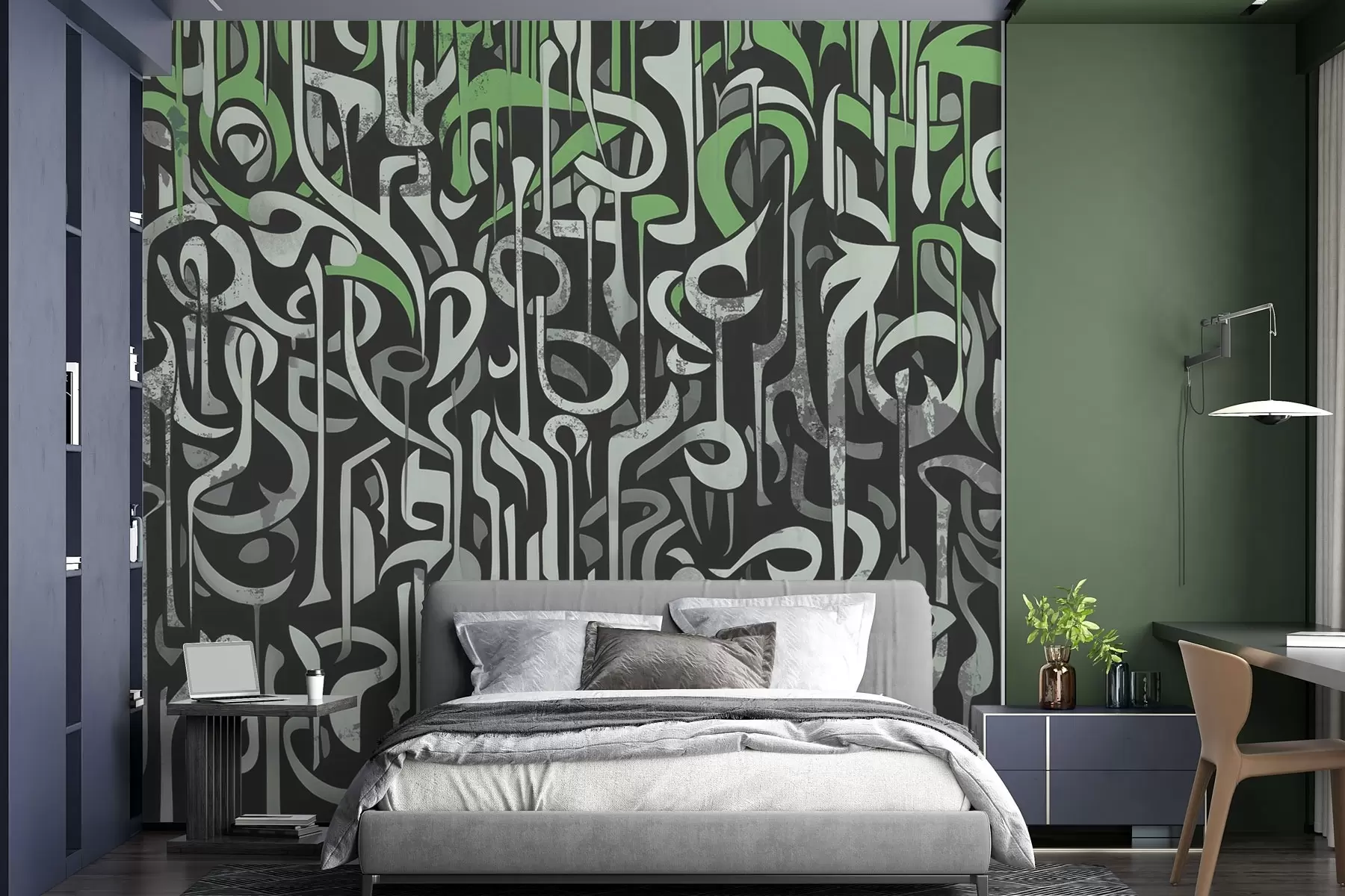 murais de parede Desenho de arte de rua em verde e cinzento w03607v2