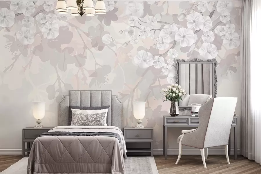 murais de parede Ramos de cerejeira com flores brancas e folhas cinzentas, sobre elegantes silhuetas florais em tons pastel suaves w08973v1