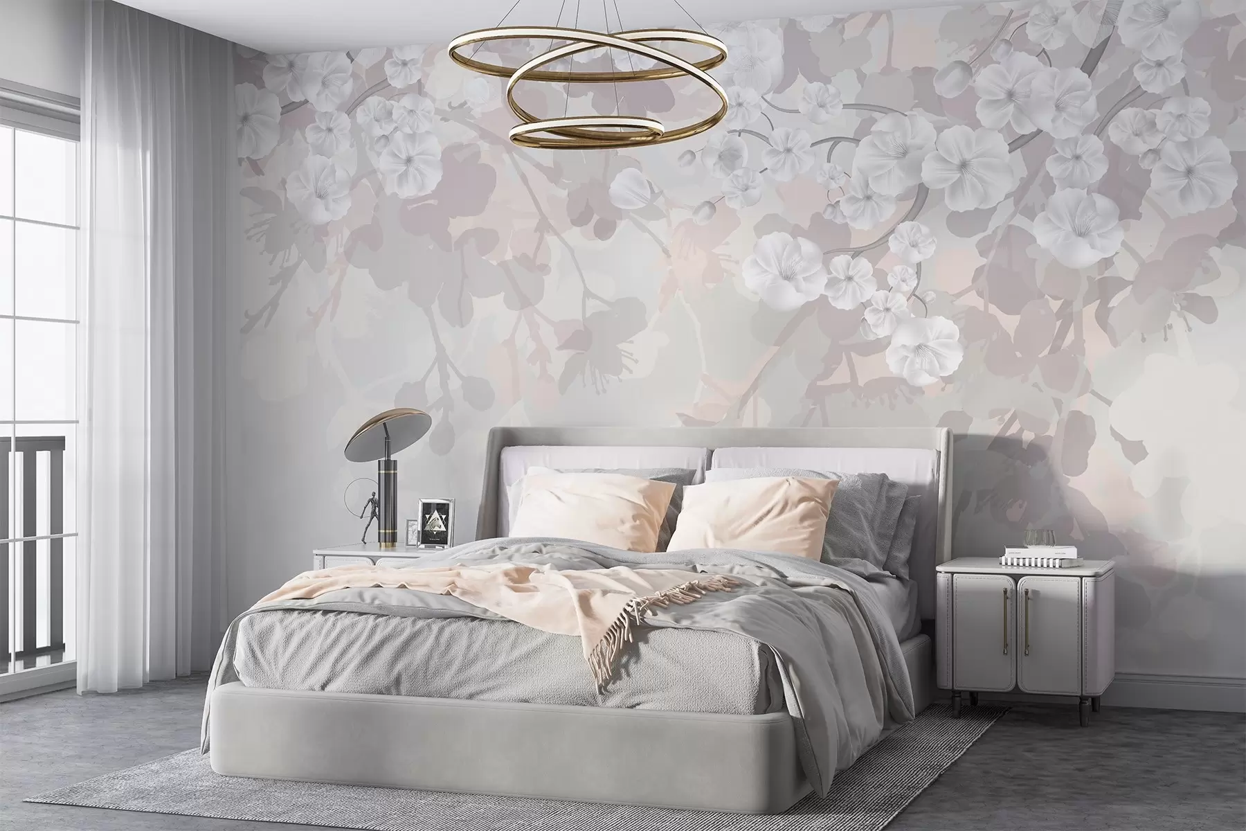 murais de parede Ramos de cerejeira com flores brancas e folhas cinzentas, sobre elegantes silhuetas florais em tons pastel suaves w08973v1