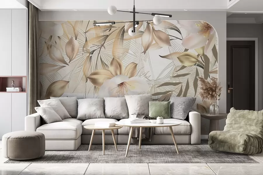 murais de parede Flores e folhas de jasmim, cores suaves, ilustração botânica, fundo floral, design elegante, pétalas delicadas w08977