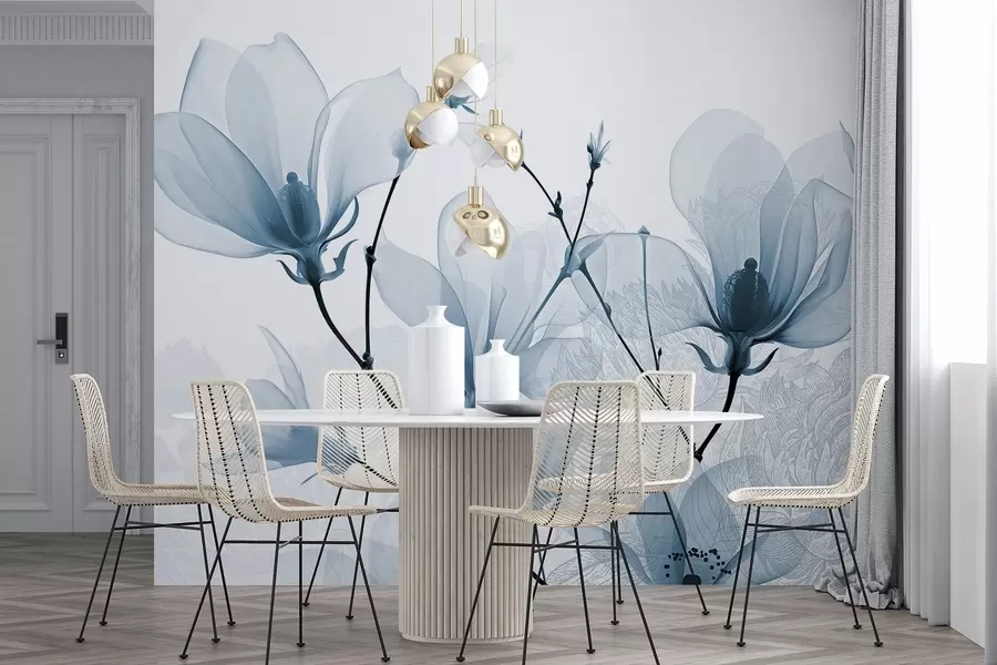 murais de parede Flores de magnólia azuis translúcidas com silhuetas de flores com pétalas delicadas e caules escuros w08978