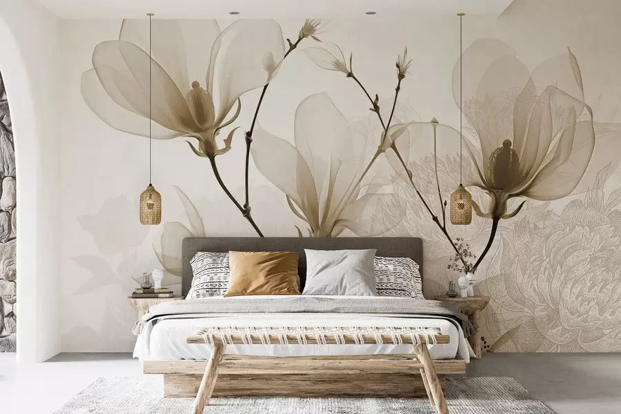 murais de parede Flores de magnólia bege translúcidas com silhuetas de flores com pétalas delicadas e caules escuros w08978v1