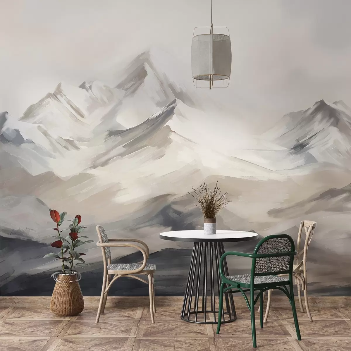 murais de parede Paisagem de montanhas com céu claro, pinceladas, cores neutras bege e cinzento, cordilheira  w08980