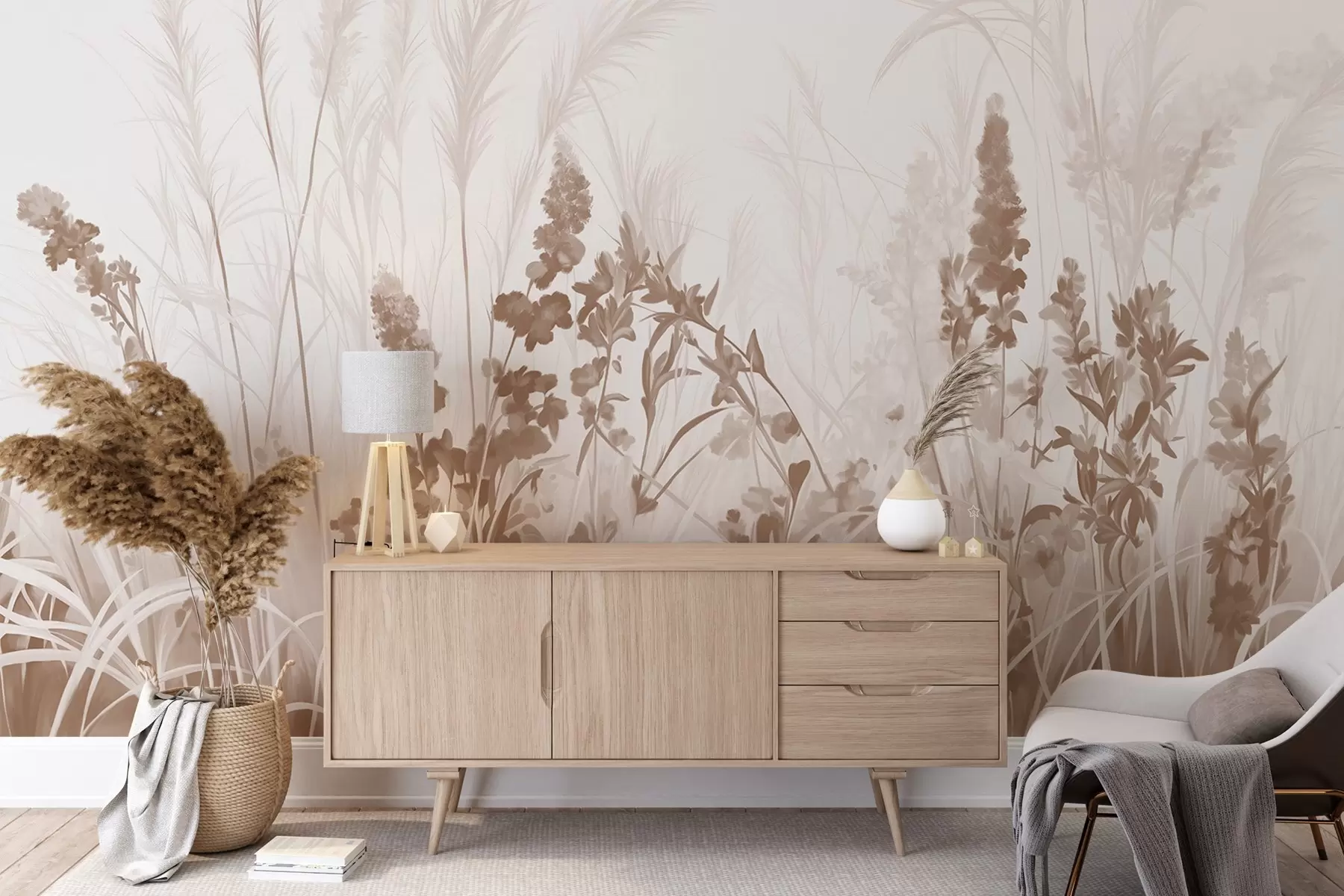 murais de parede Flores castanhas e canas bege num campo, textura de pintura minimalista, fundo claro, cores suaves, pinceladas delicadas  w08982v1