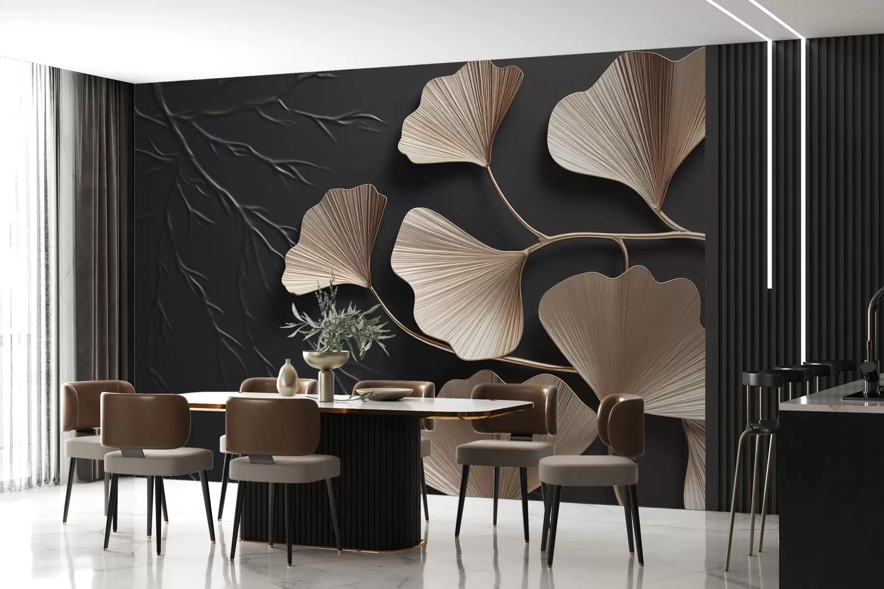 murais de parede Folhagem volumétrica numa parede escura com ramos w03650