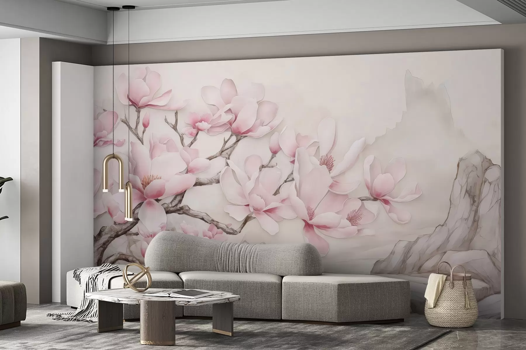 murais de parede Ramo de magnólia em aguarela sobre uma rocha w03655