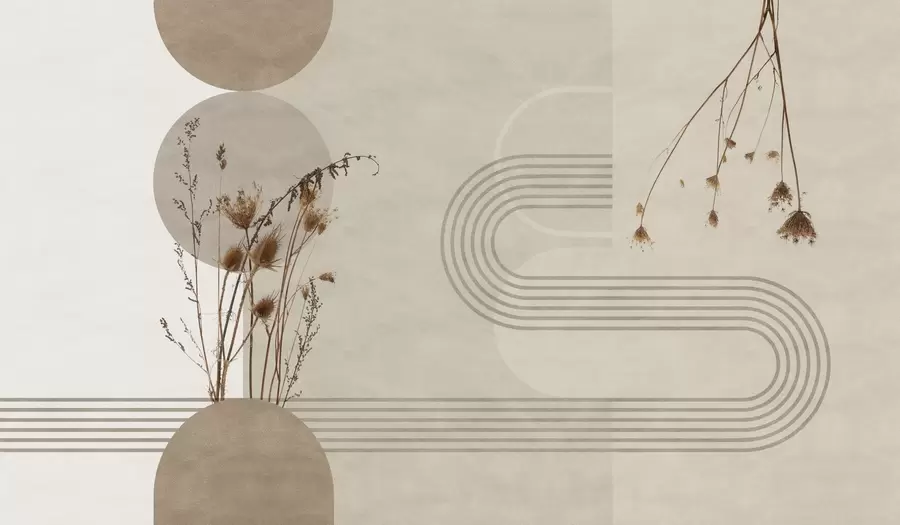 murais de parede geometria elegante e flores secas em tons de bege w03449
