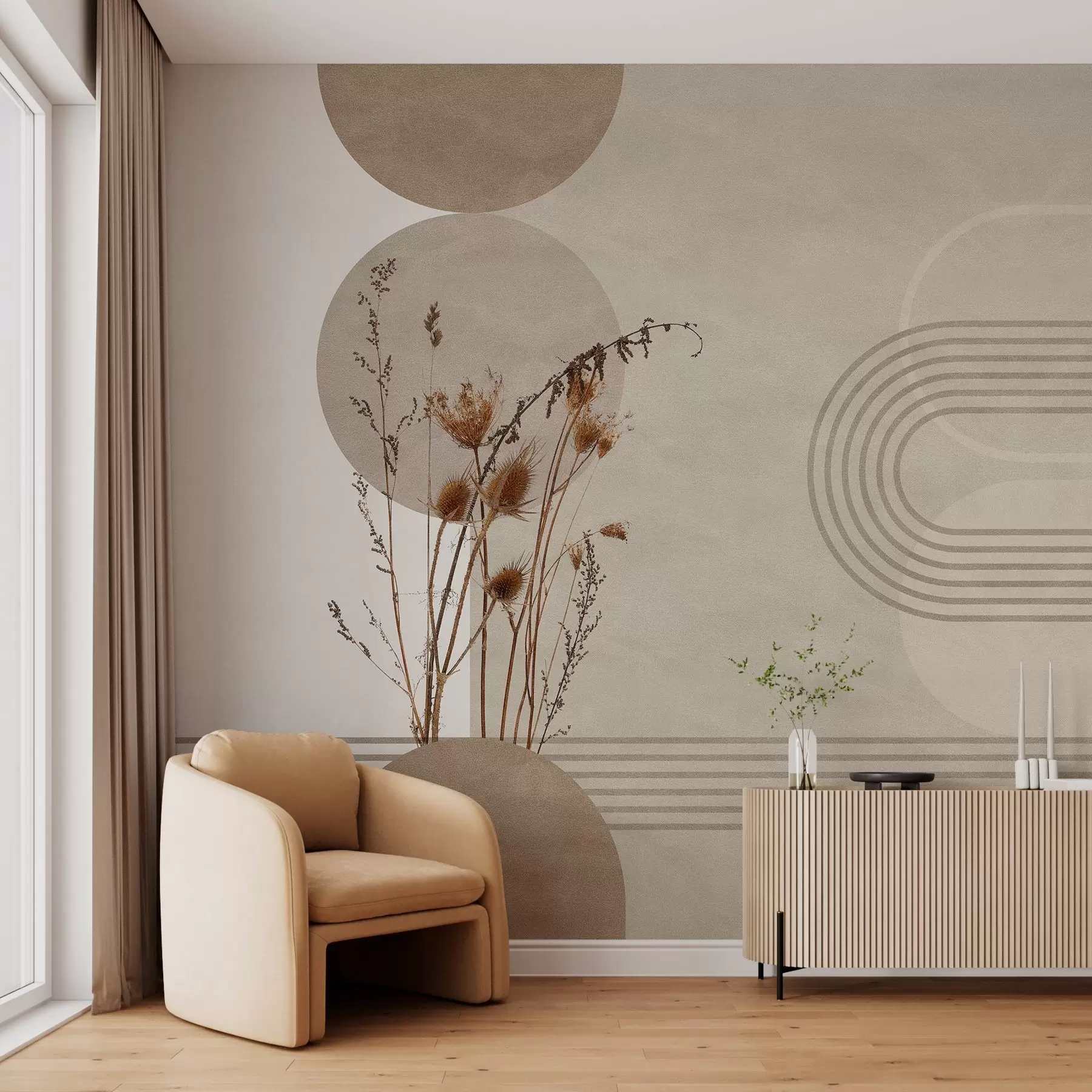 murais de parede geometria elegante e flores secas em tons de bege w03449
