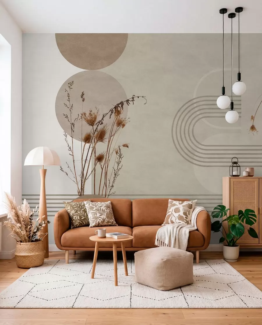 murais de parede geometria elegante e flores secas em tons de bege w03449