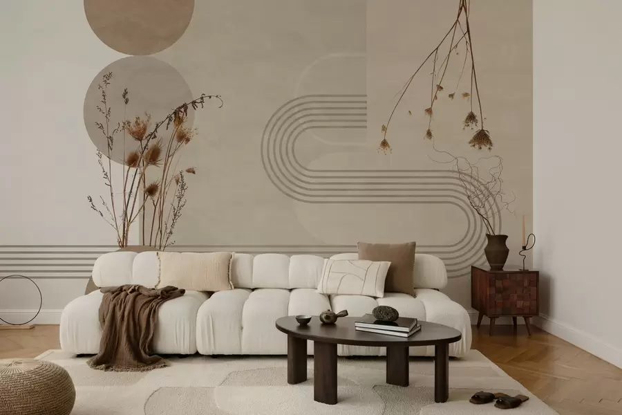 murais de parede geometria elegante e flores secas em tons de bege w03449