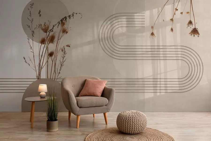 murais de parede geometria elegante e flores secas em tons de bege w03449