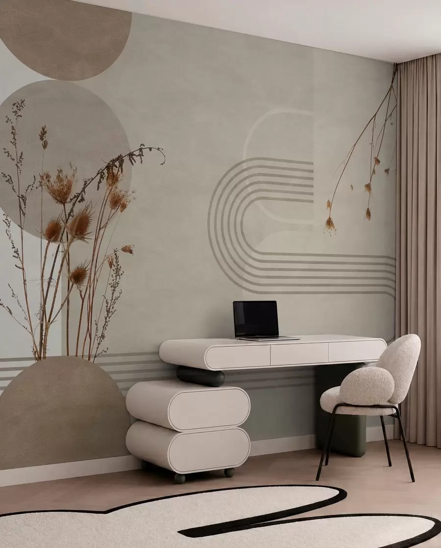 murais de parede geometria elegante e flores secas em tons de bege w03449