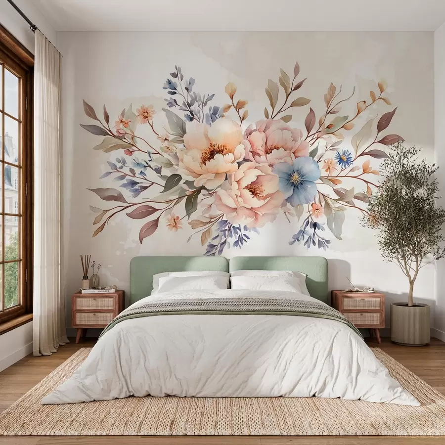 murais de parede um ramo de flores em estilo aguarela em tons de bege w03613