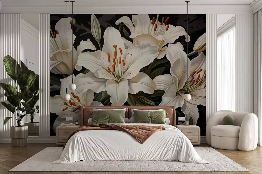 murais de parede Flores brancas grandes e elegantes sobre um fundo escuro w08983