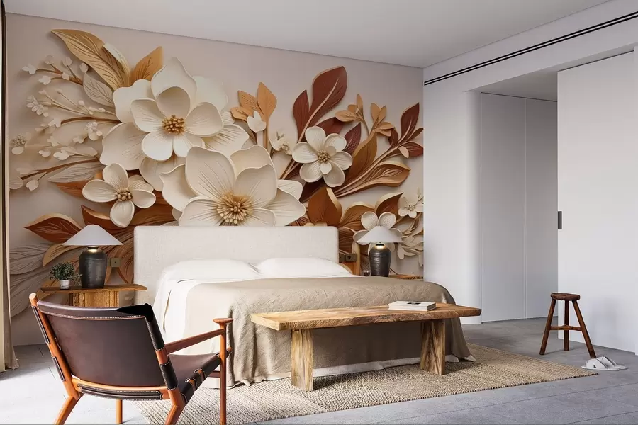 murais de parede flores 3D com folhas em estilo origami em tons de bege w08984