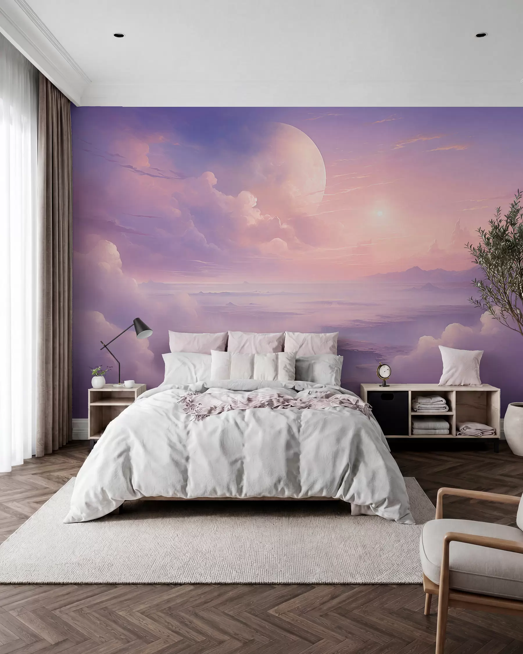 murais de parede Céu mágico rosa-púrpura com a lua e as nuvens w08986