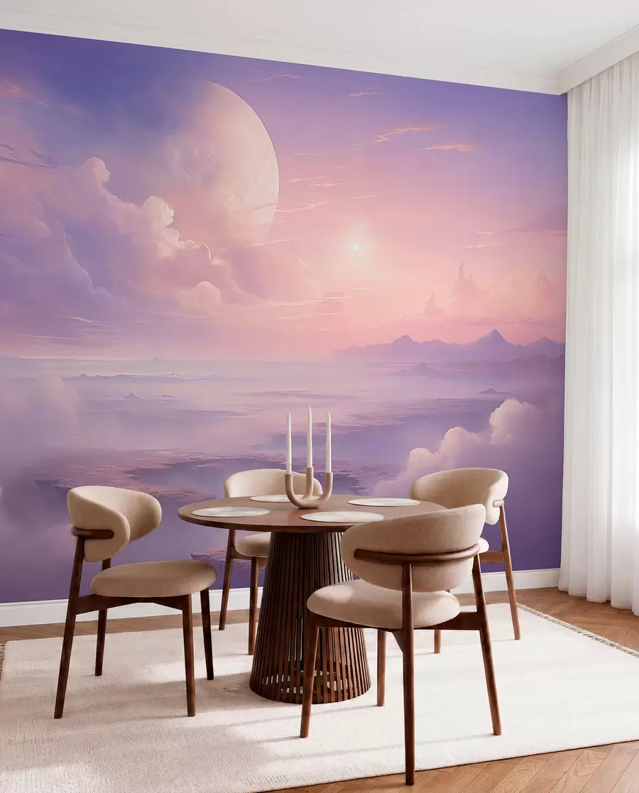 murais de parede Céu mágico rosa-púrpura com a lua e as nuvens w08986