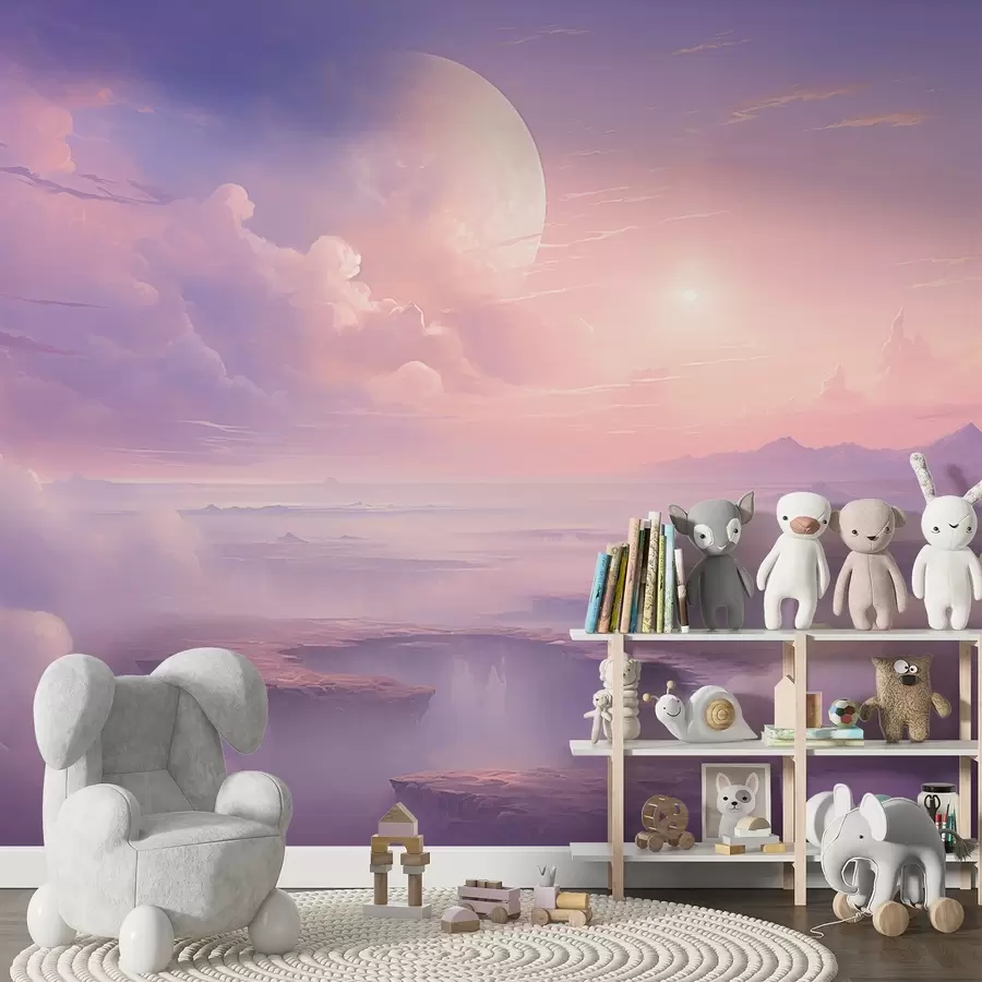 murais de parede Céu mágico rosa-púrpura com a lua e as nuvens w08986