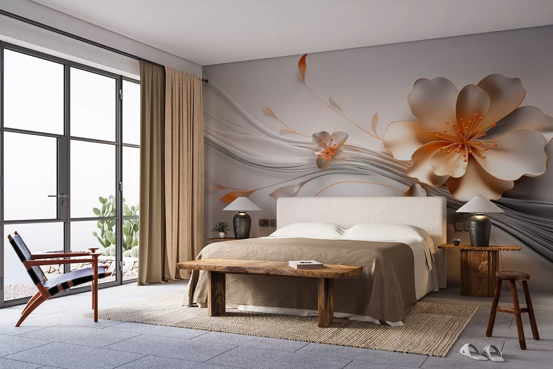 murais de parede Uma flor cor de laranja sobre um fundo cinzento abstrato w09004