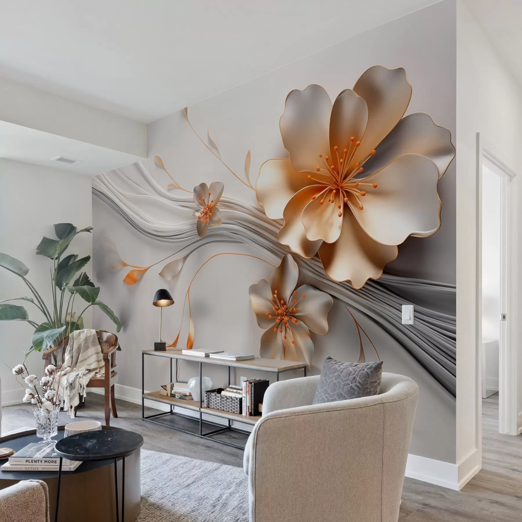 murais de parede Uma flor cor de laranja sobre um fundo cinzento abstrato w09004