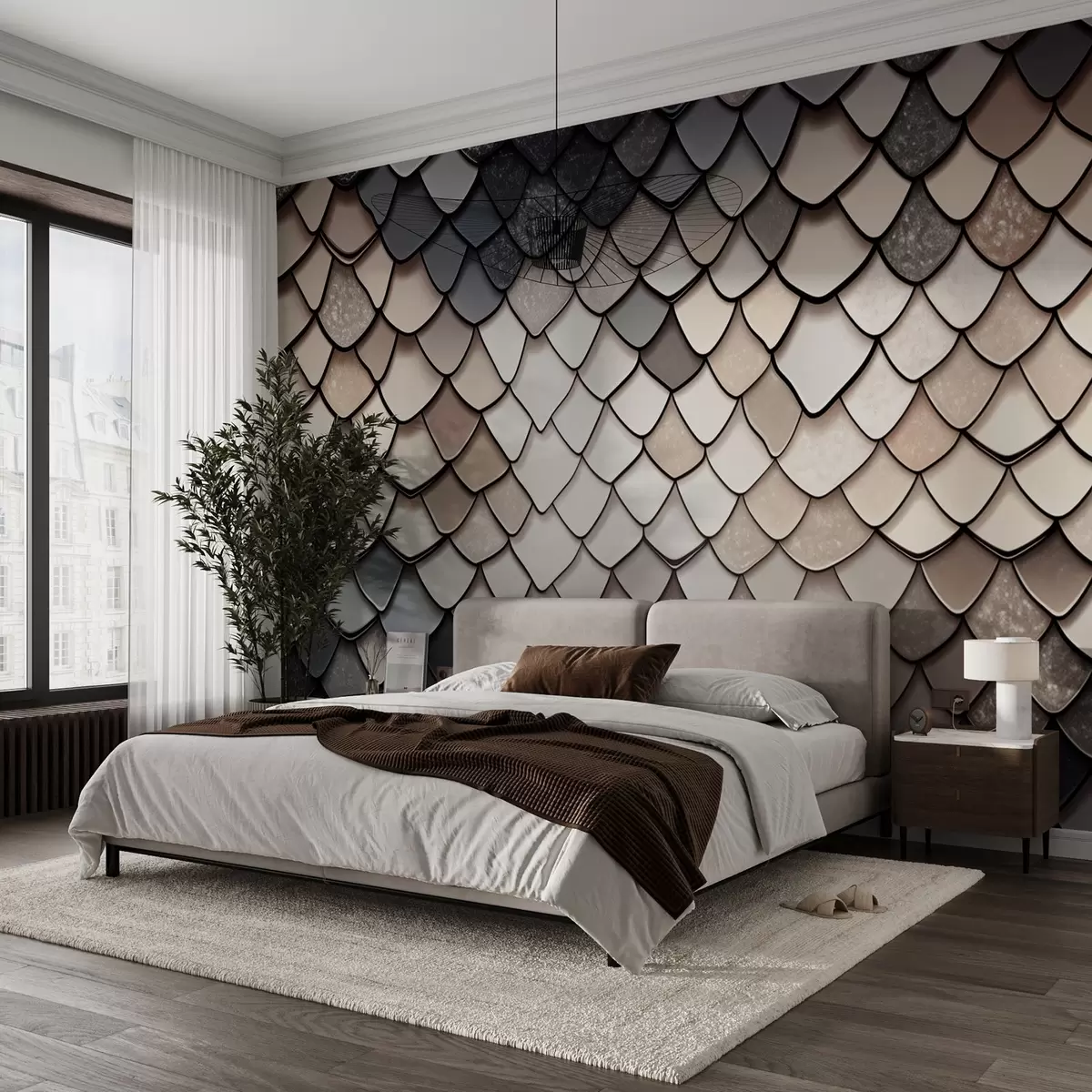 murais de parede Padrão bege-cinzento com textura de dragão w09005