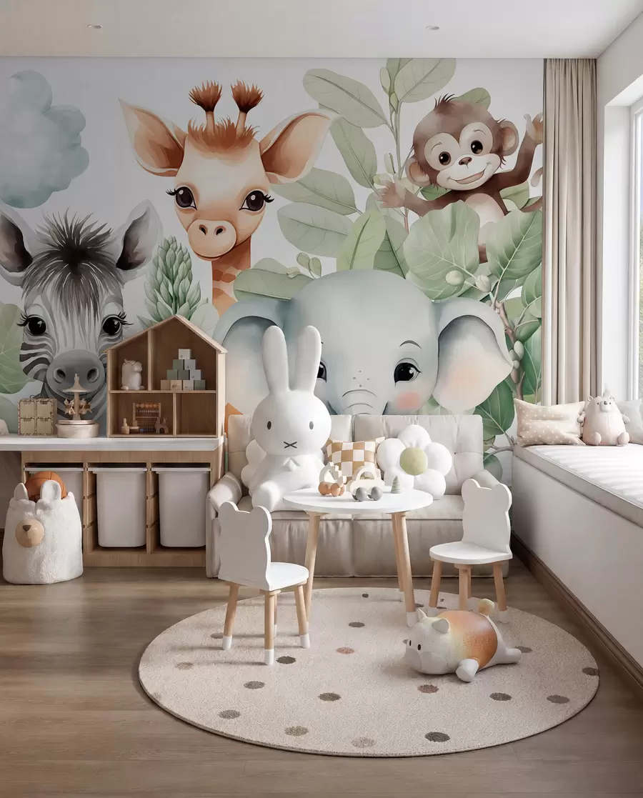 murais de parede Girafa, zebra, elefante e macaco entre a folhagem w03677