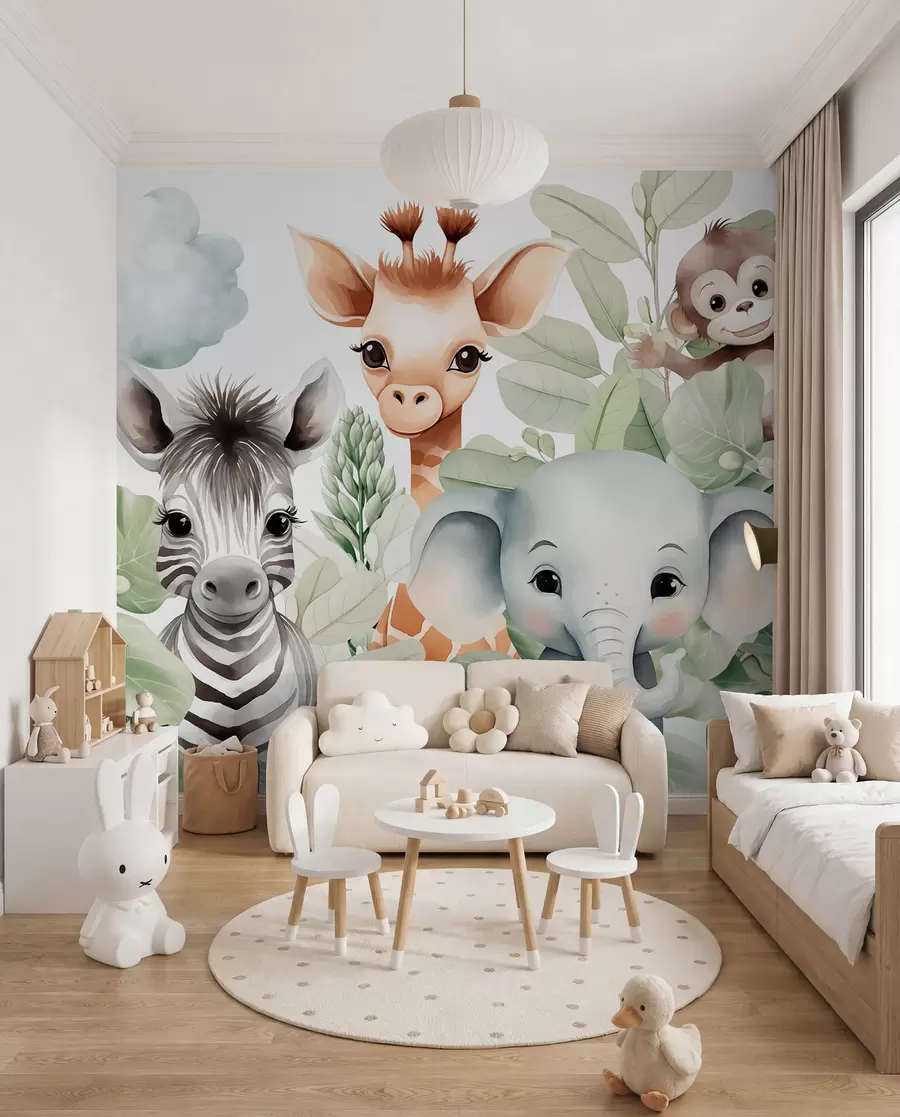 murais de parede Girafa, zebra, elefante e macaco entre a folhagem w03677