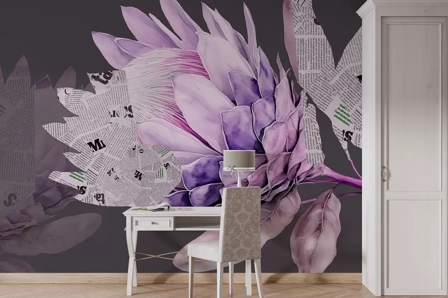 murais de parede Flores Protea, arte de jornal, floral, tropical, fundo escuro, cores púrpura w03667v2