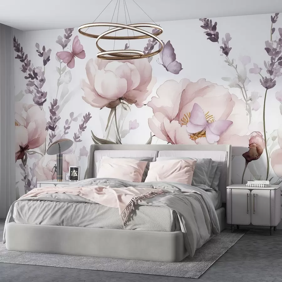 murais de parede Prado de flores, peónias, lavanda, borboletas, estilo aguarela, cores cor-de-rosa w03668