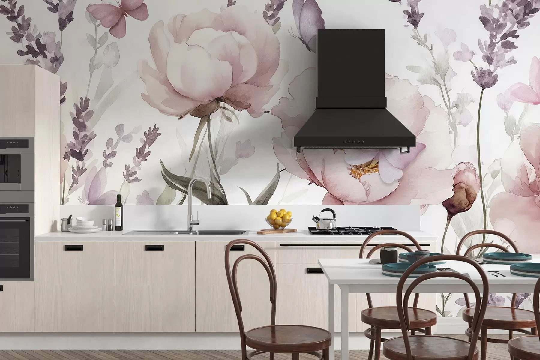 murais de parede Prado de flores, peónias, lavanda, borboletas, estilo aguarela, cores cor-de-rosa w03668