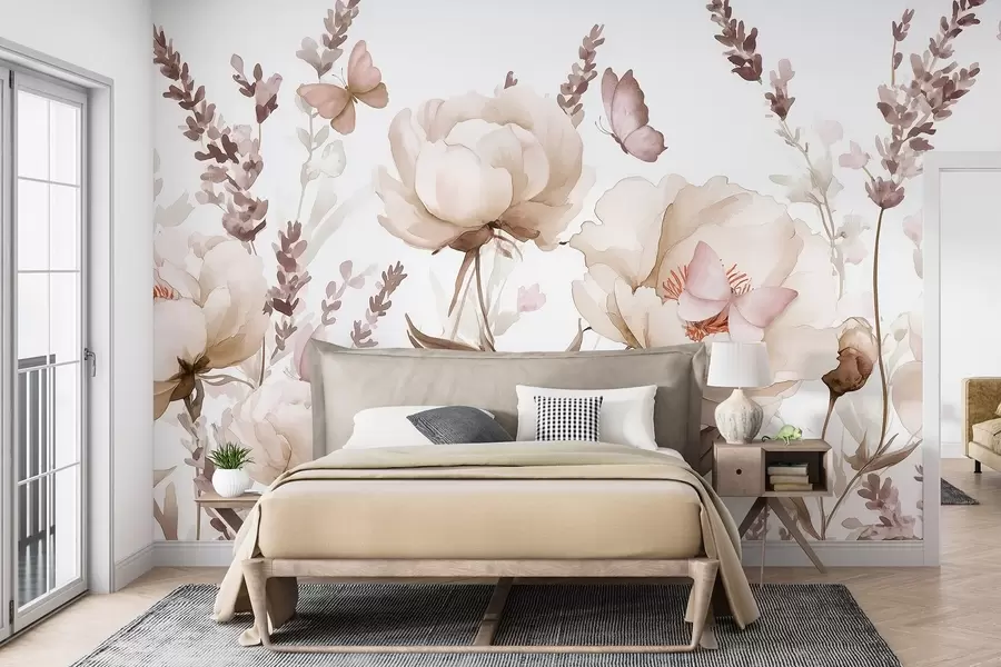 murais de parede Prado de flores, peónias, lavanda, borboletas, estilo aguarela, cores bege w03668v2