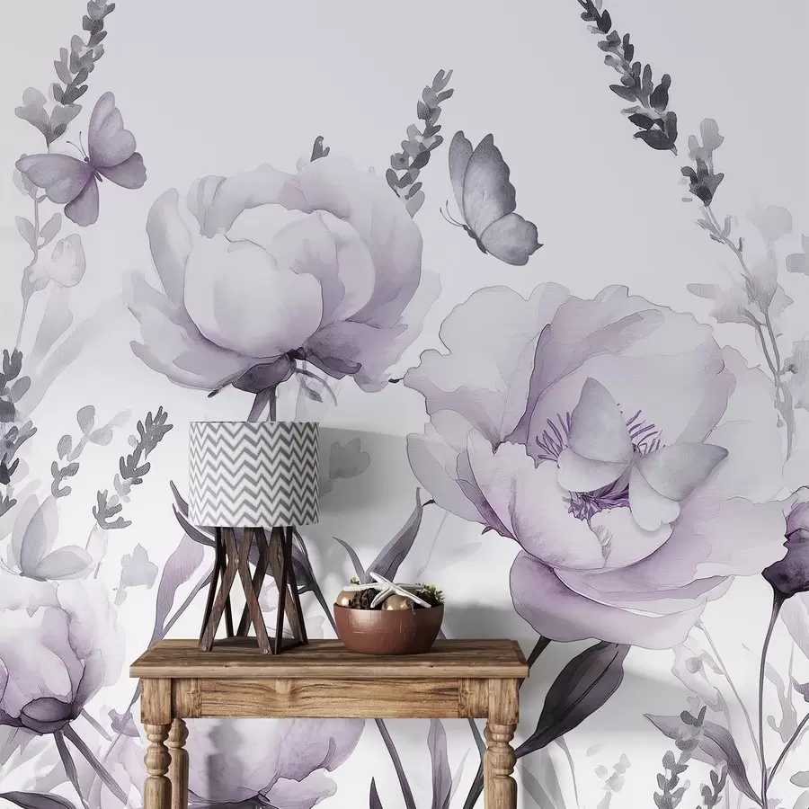 murais de parede Prado de flores, peónias, alfazema, borboletas, estilo aguarela, cores de pupila w03668v3