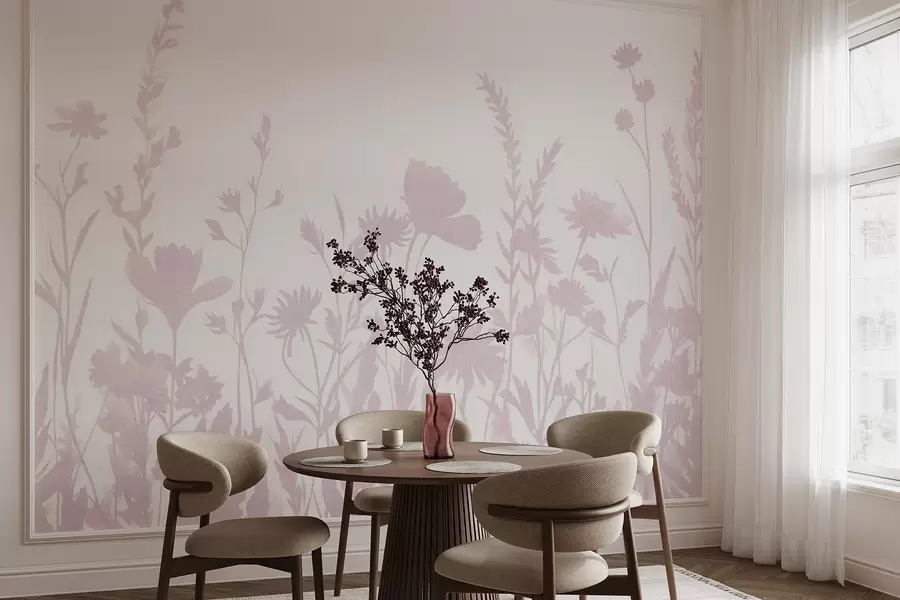 murais de parede Prado de verão, rústico, flores, paleta de cores rosa  w03670v2