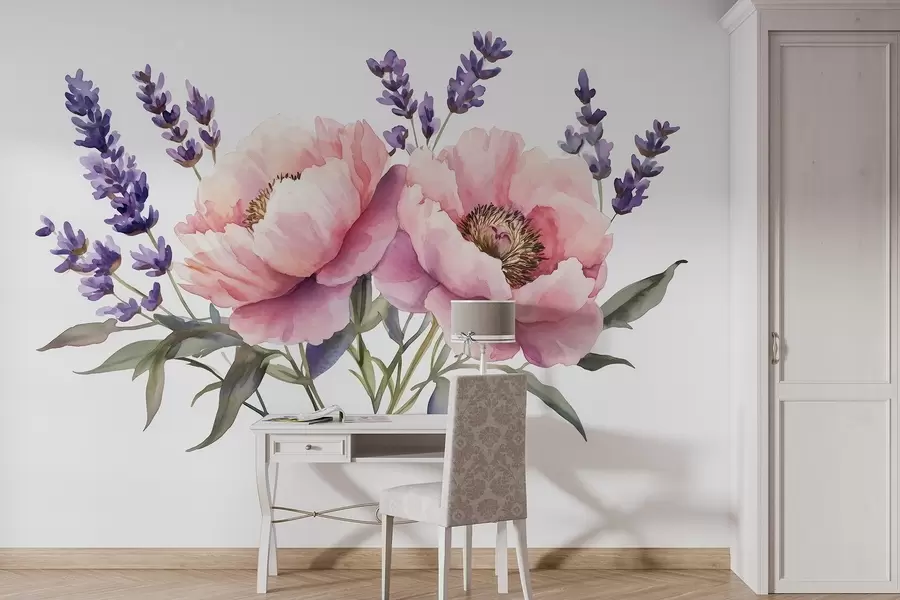 murais de parede Peónias estilo aguarela, lavanda, flores, cores naturais w03671