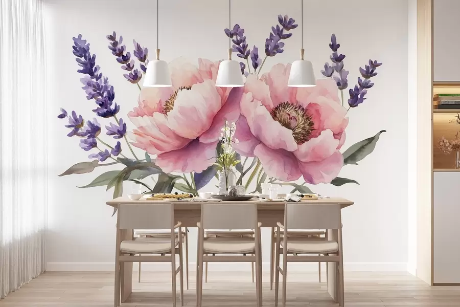 murais de parede Peónias estilo aguarela, lavanda, flores, cores naturais w03671