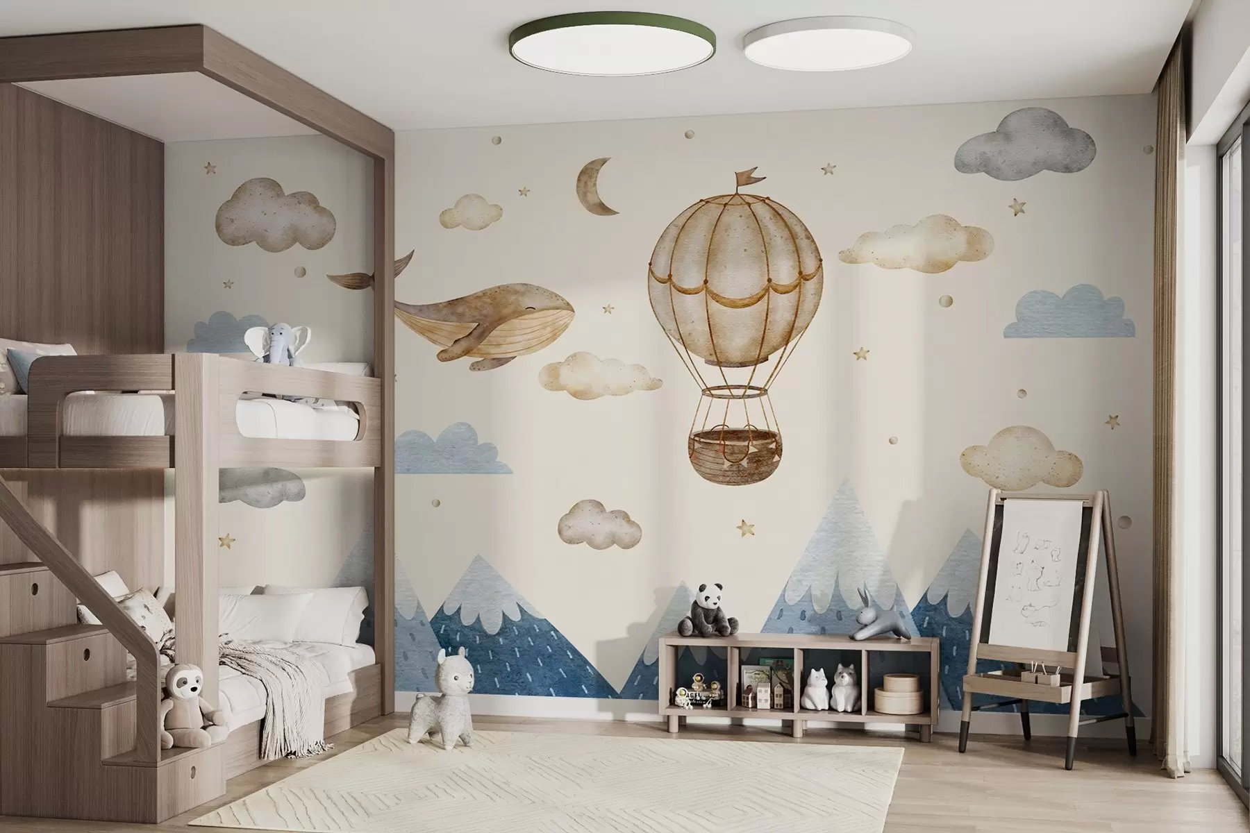 murais de parede Balão de ar, baleia gira, céu estrelado, montanhas, aguarela, cores azul e bege w03672