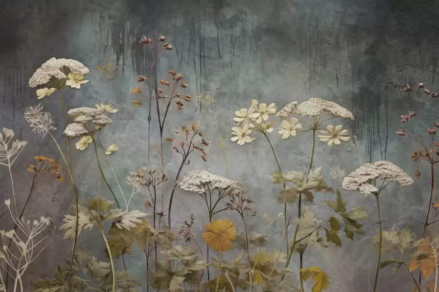 murais de parede Flores silvestres e ervas no fundo de uma parede grunge w03697