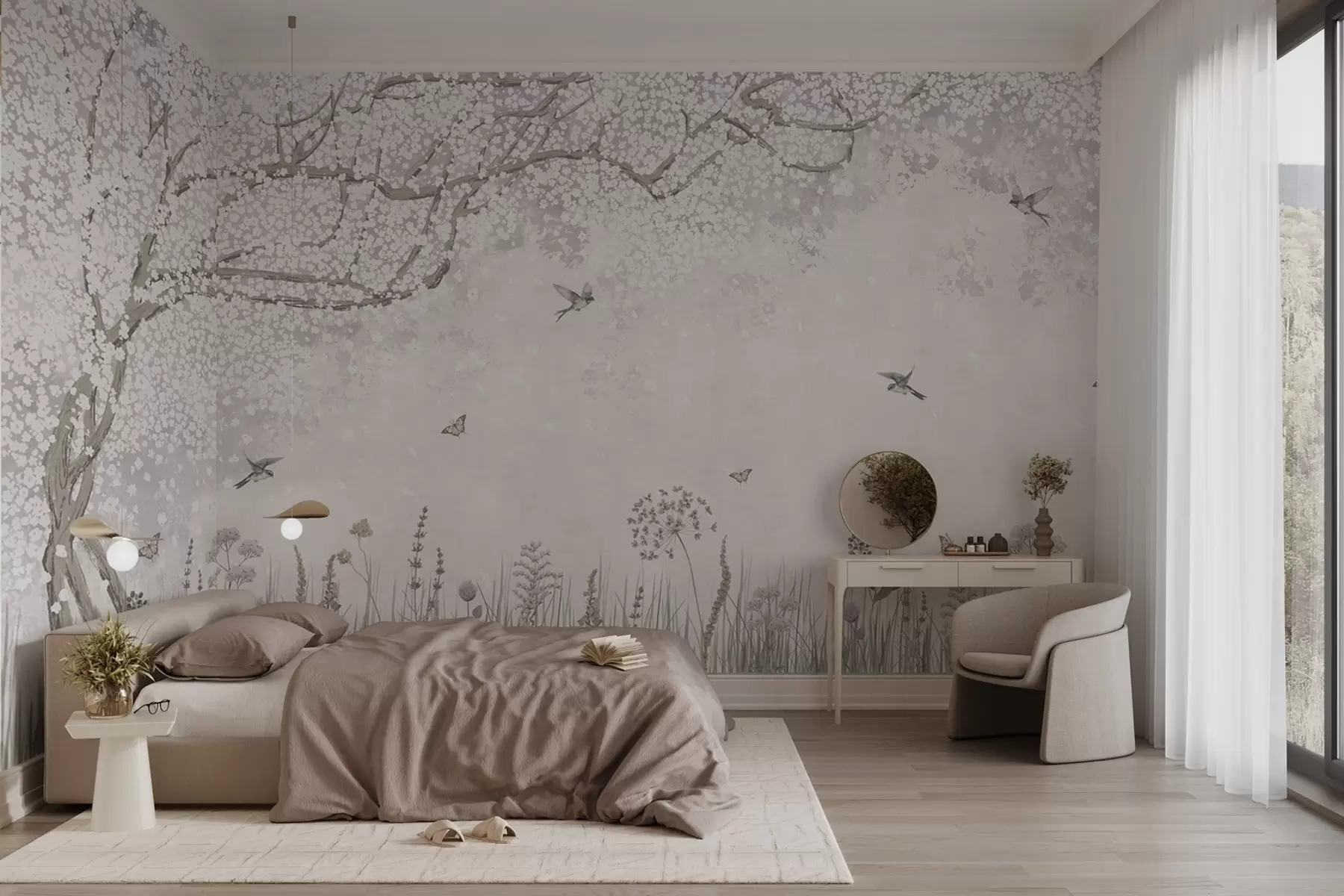 murais de parede Árvore florida com flores silvestres e pássaros w03700