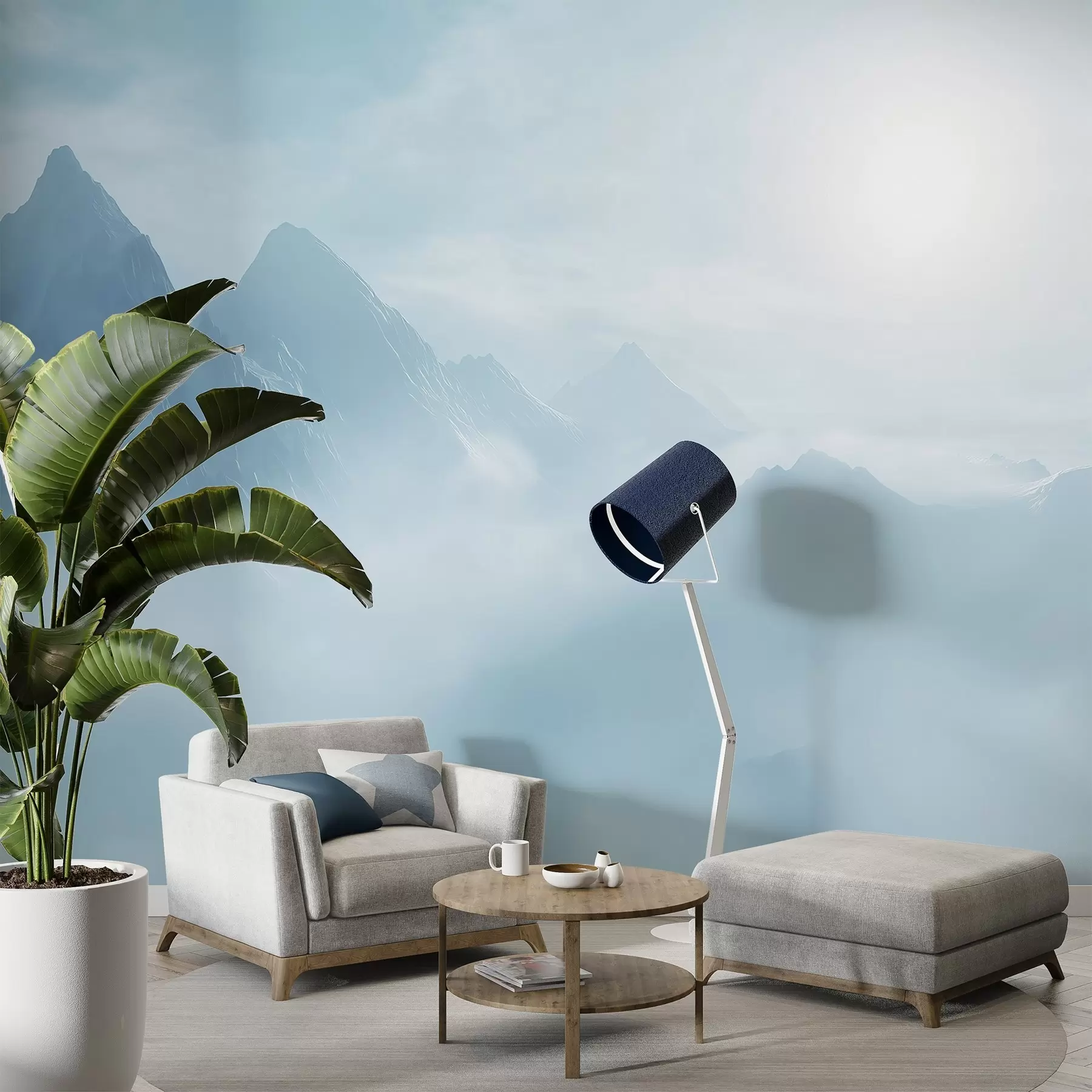 murais de parede Montanhas no nevoeiro sob o sol w03715