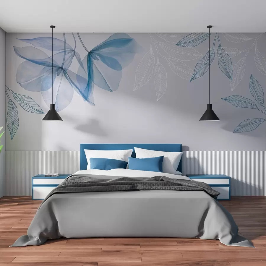 murais de parede delicadas flores e folhas translúcidas em tons de azul w03616