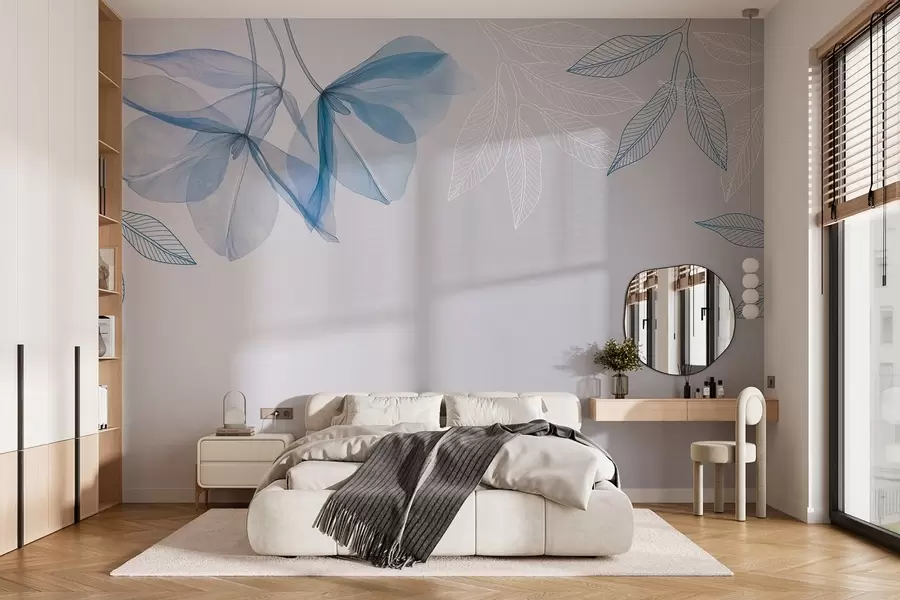 murais de parede delicadas flores e folhas translúcidas em tons de azul w03616