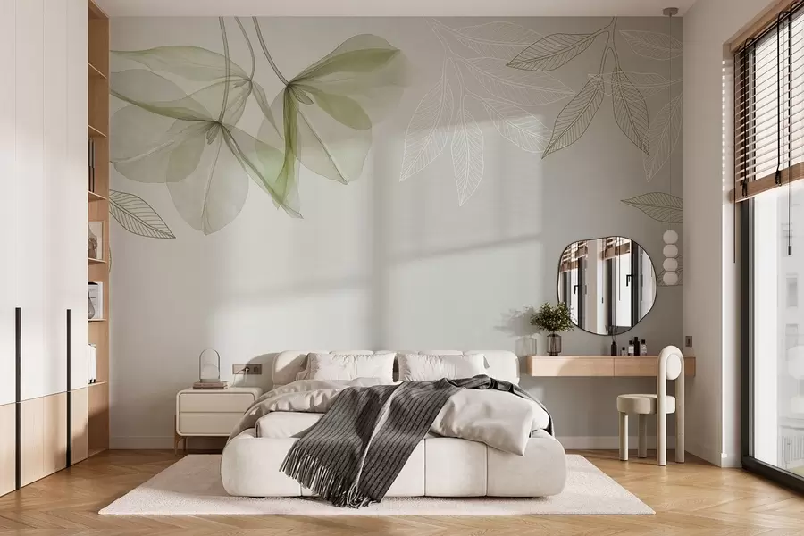 murais de parede delicadas flores e folhas translúcidas em tons de caqui w03616v2