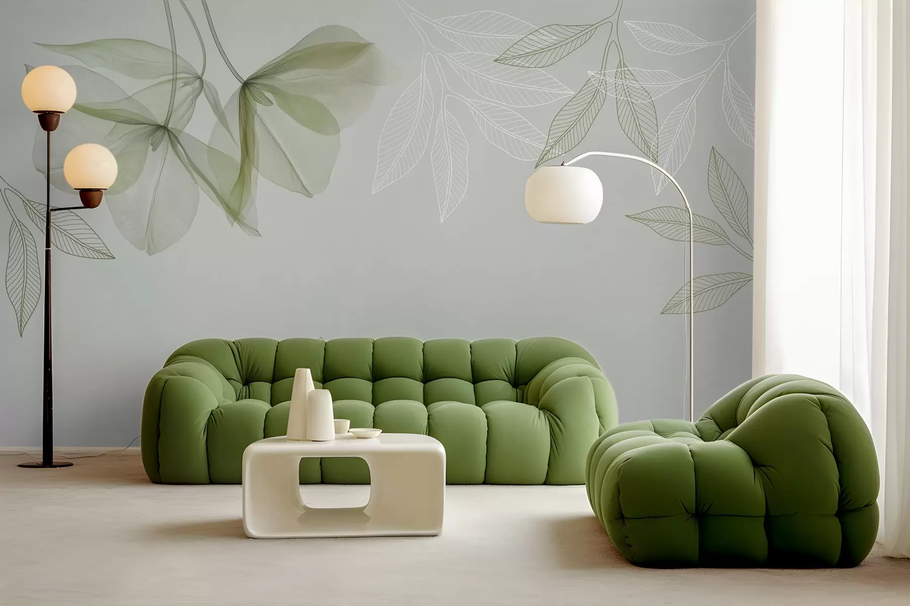 murais de parede delicadas flores e folhas translúcidas em tons de caqui w03616v2