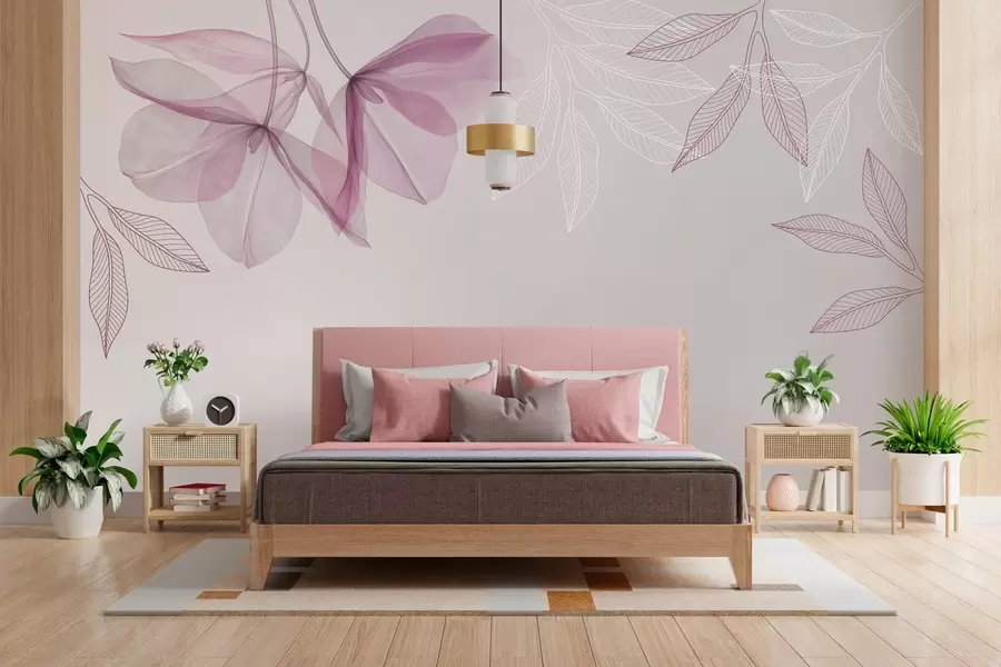 murais de parede delicadas flores e folhas translúcidas em tons de púrpura w03616v4