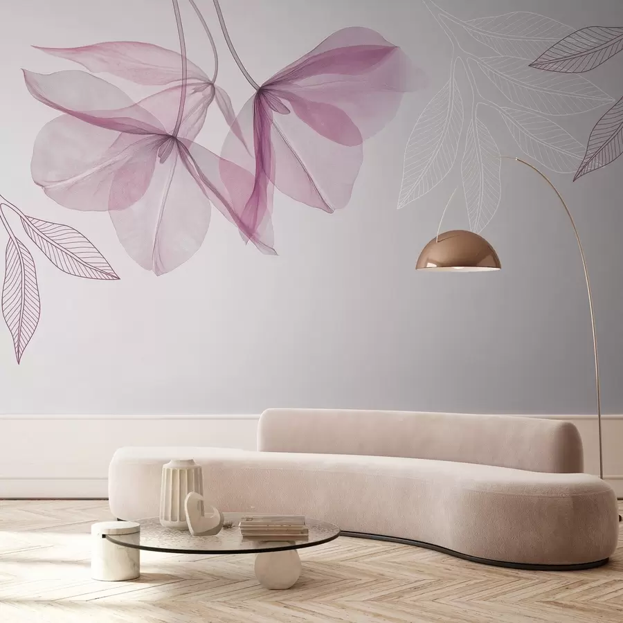 murais de parede delicadas flores e folhas translúcidas em tons de púrpura w03616v4