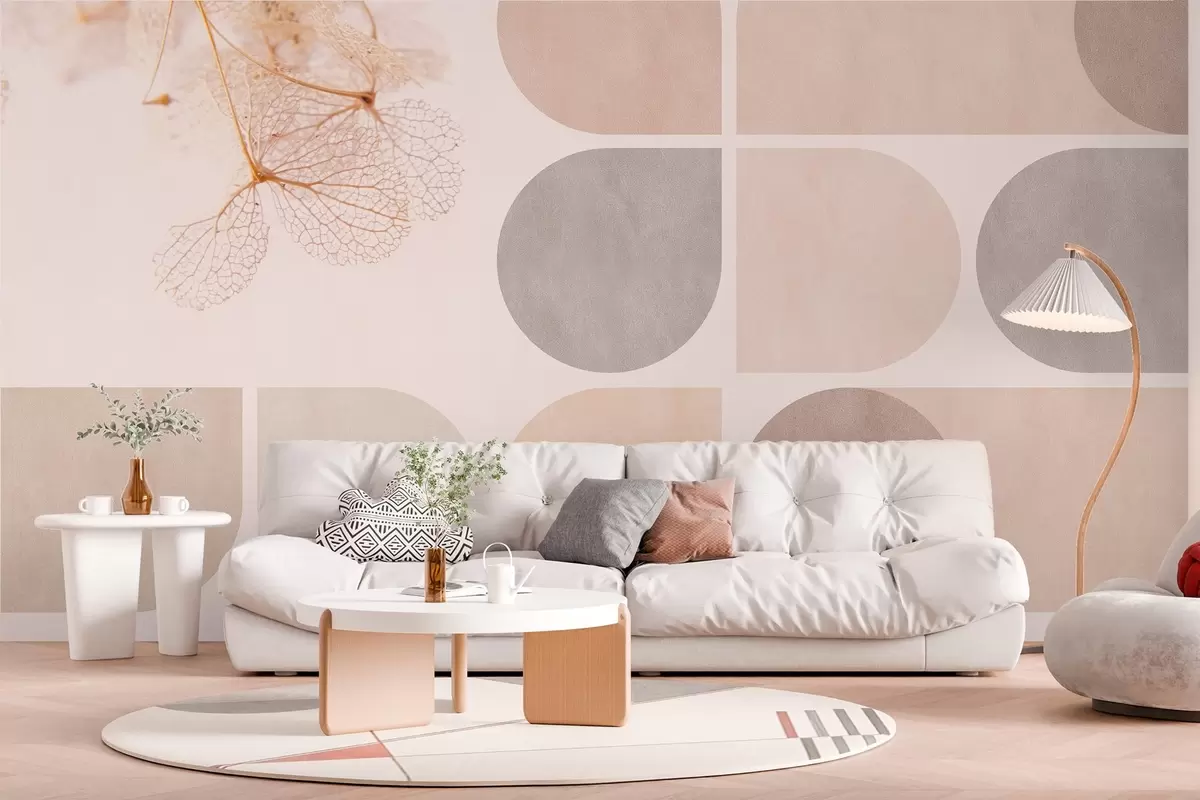 murais de parede geometria e flores secas com veios em tons de bege w03617